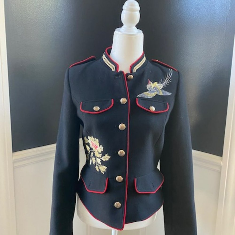 Zara Women's Long Sleeve Black Embroidered Military Jacket - Size M